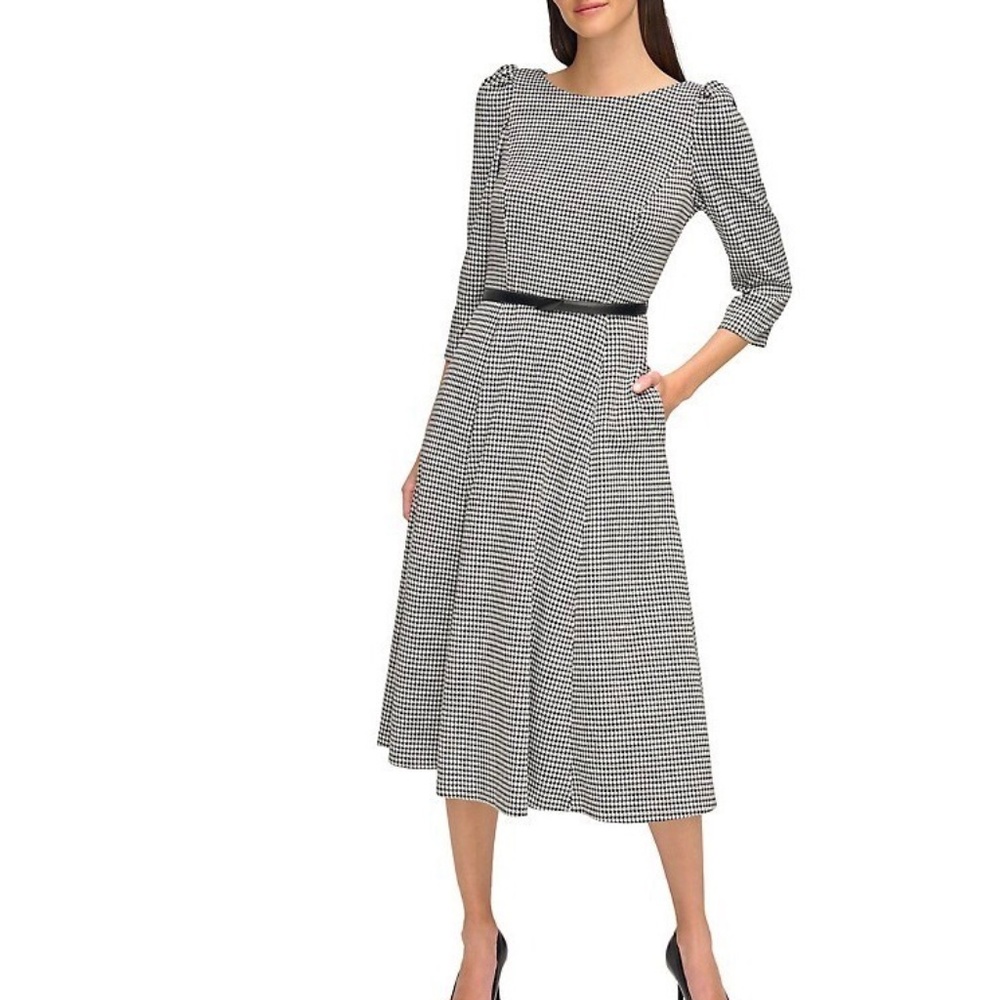 NWT CALVIN KLEIN Houndstooth Belted Midi A-Line Dress